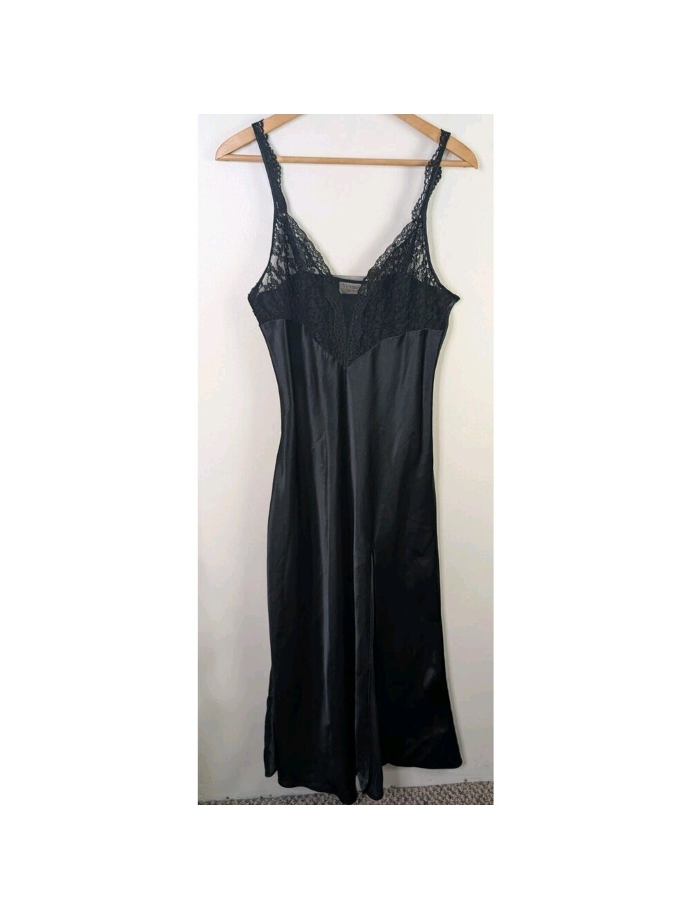 Vintage Victoria's Secret Nightgown Large L Black Satin And Lace Side Slit